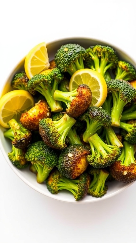 Crispy air fryer broccoli with lemon and garlic, served in a bowl with lemon wedges.